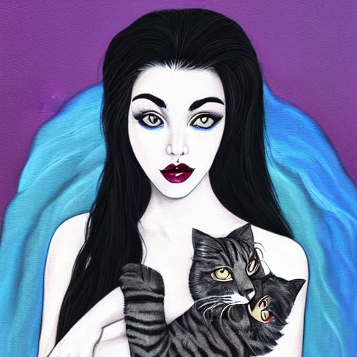 Image similar to a painting of a woman holding a cat, a character portrait by harumi hironaka, trending on deviantart digital illustration