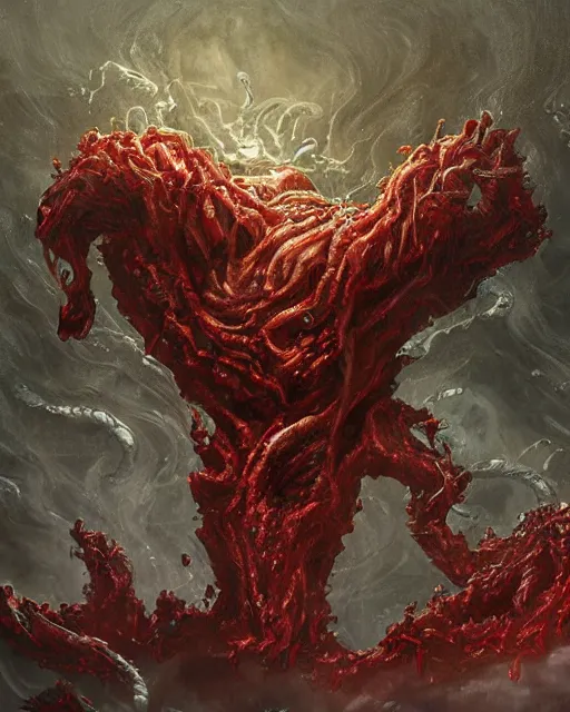 Image similar to Haunting horrifying detailed painting of a huge muscular hulking extraterrestrial flowing towel monster made of cloth, and bloodshot eyeballs, hyper detailed, trending on Artstation