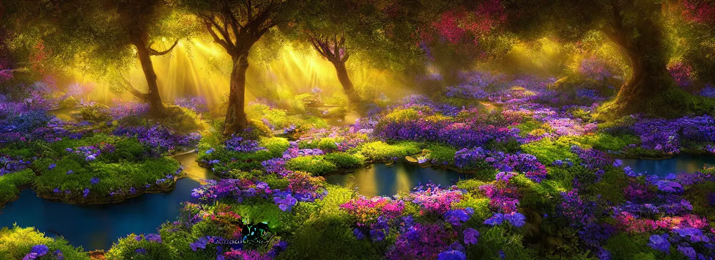 Image similar to photograph of enchanted garden, blue pond in the middle, with rays of light, flowers with intricate detail, by marc adamus, highly detailed, intricate detail, cinematic lighting