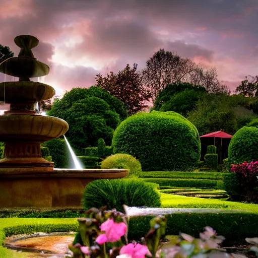 Image similar to photograph of fountain, feminine, beautiful, curvy, garden background, romantic, sensual, shallow depth of field, romantic lighting