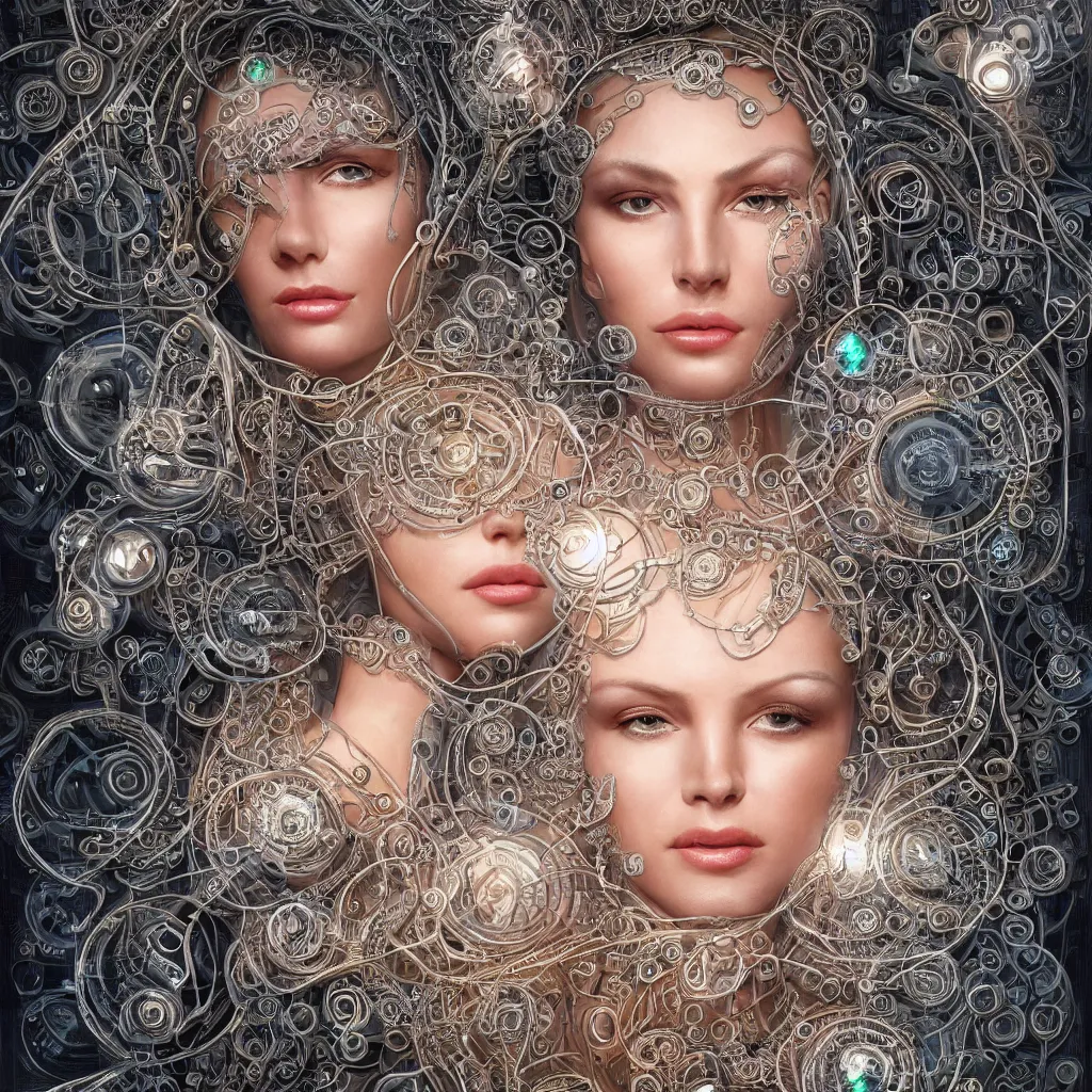 Image similar to one very beautiful woman integrating with technology, full face frontal centered, portrait, insipiring, detailed intricate ornate cables connected to head, big open electric eyes, luxurious detailed abundent wiring and implants, diamonds, sci-fi, neon, emeralds, detailed technology full background, highly detailed, artstation, Rene Lalique and Eddie Mendoza and Gil Elvgren