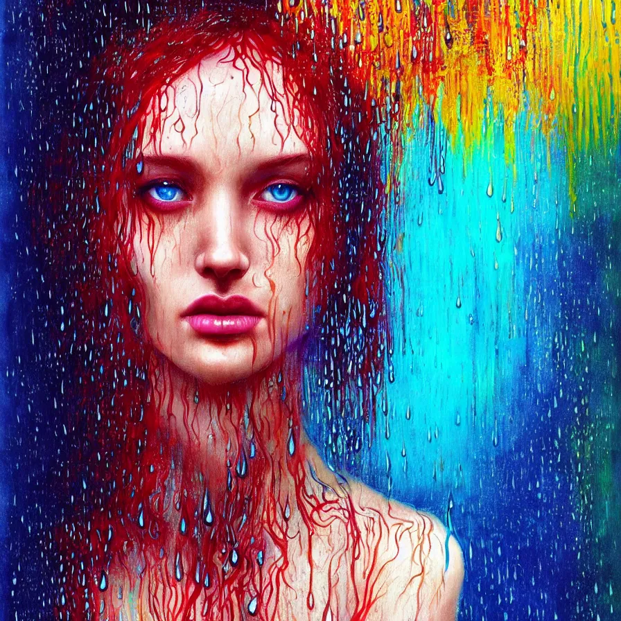 Image similar to bright asthetic portrait of LSD in rain with wet hair and one face, liquid, fantasy, intricate, elegant, dramatic lighting, highly detailed, lifelike, photorealistic, digital painting, artstation, illustration, concept art, smooth, sharp focus, art by John Collier and Albert Aublet and Krenz Cushart and Artem Demura and Alphonse Mucha