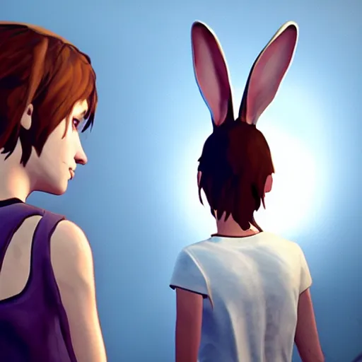 Image similar to A rabbit in Life Is Strange talking with Chloe and Max