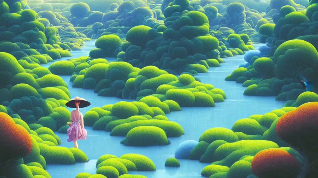 Image similar to digital painting of a lush river valley by gerald brom. blue river. summer day. chiho aoshima. digital render. detailed. beautiful landscape.