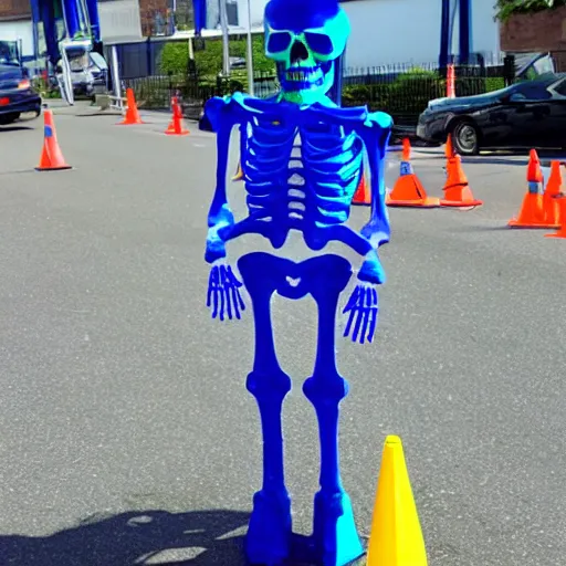 Image similar to a skeleton wearing a blue spendex suit with traffic - cones for hands