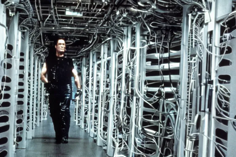 Image similar to t 8 0 0 from movie terminator 1 9 8 4, staying in data center.