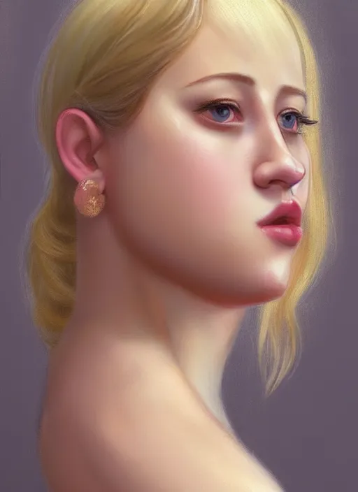 Image similar to full body portrait, teenage lili reinhart, blonde hair, obese, bangs, ponytail, sultry, realistic, sultry smirk, fluffy bangs, curly bangs, fat, belly, intricate, elegant, highly detailed, digital painting, artstation, concept art, smooth, sharp focus, illustration, art by wlop, mars ravelo and greg rutkowski