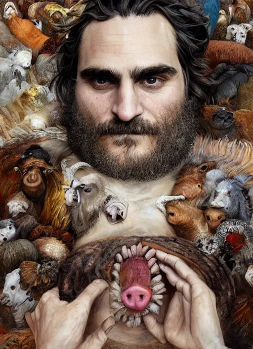 Image similar to a hyper detailed painting of joaquin phoenix surrounded by animals, cow horns, pig nose, sheep wool, chicken feather armor, horror, by anna podedworna, by miklos ligeti, by diego maricato, by taran fiddler, by antonino truisi, by chris reddie, by jinsung lim, trending on artstation