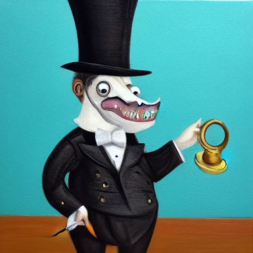 Image similar to “a crocodile wearing a top hat and monocle, dapper, highly detailed, oil on canvas”