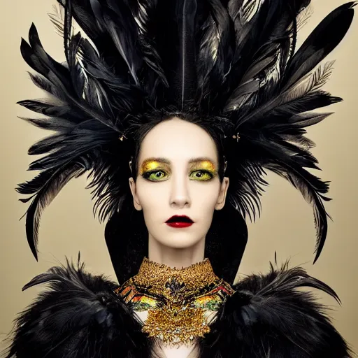 Image similar to a hyperrealistic high fashion portrait of a fierce proud queen of ravens, in a black dress with a collar made of iridescent feathers and golden adornments, photorealistic, intricate details, by zhang jingna and soey milk and amir ershadi and anja millen