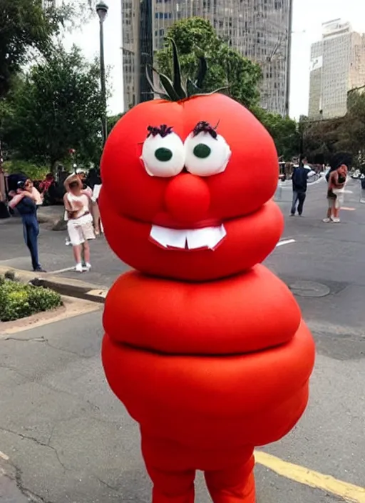 Prompt: jeff goldblum dressed up in a tomato costume