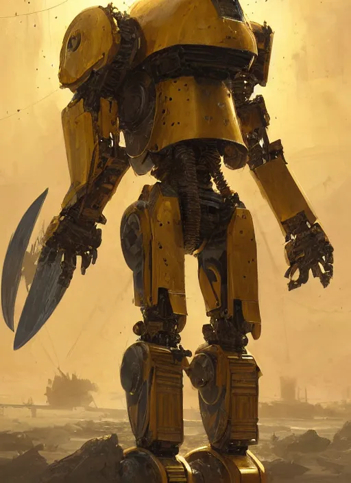 Image similar to human-sized strong intricate yellow pit droid carrying very detailed perfect antique great sword and beautiful large paladin shield, pancake short large head, exposed metal bones, painterly humanoid mecha, slightly far away, by Greg Rutkowski