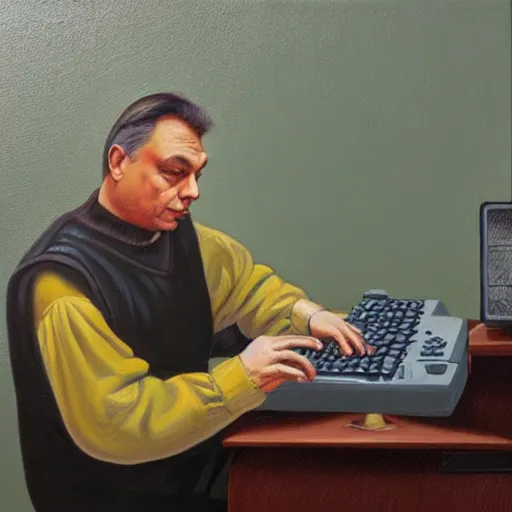 Image similar to viktor orban programming a commodore 6 4 in a cubicle, oil painting