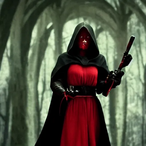 Image similar to a film still of snow white as a sith lord wearing black attire realistic, detailed