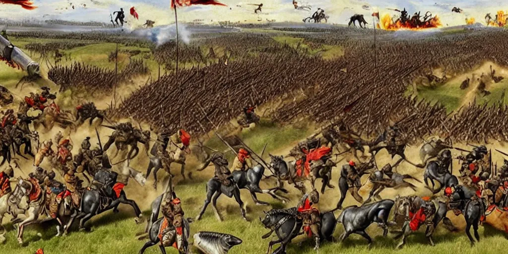 Image similar to medieval battlefield filled with cavalry fleeing from monster trucks!!!