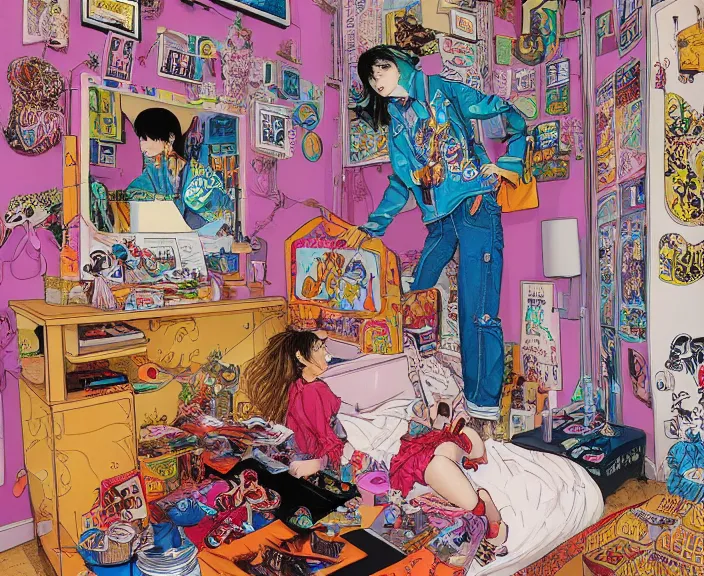 Prompt: highly detailed colorful illustration of a teenager in her room in the 9 0's, clean shaped illustration by kim jung gi, ron english and eiichiro oda