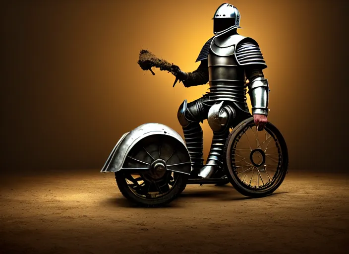 Image similar to knight in armor in a motorcycle dirt helmetin a wheelchair do tricks & watch old tv, rome, highly detailed, soft lighting, elegant, by edward hopper and james gillard, zdislaw beksinski, stephen outram, andreas m wiese, highly detailed, masterpiece. fashion studio lighting. edward _ hopp, unreal 6, 8 k