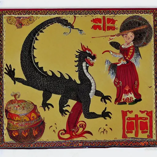 Image similar to russian dragon playing balalika guitar, children tales style,