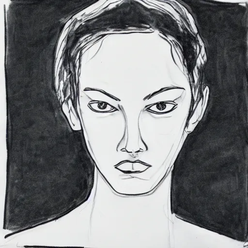 Image similar to portrait of dazed model looking left, black ink on paper