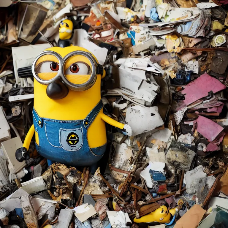 Image similar to photo of a badly taxidermied minion in a hoarder house