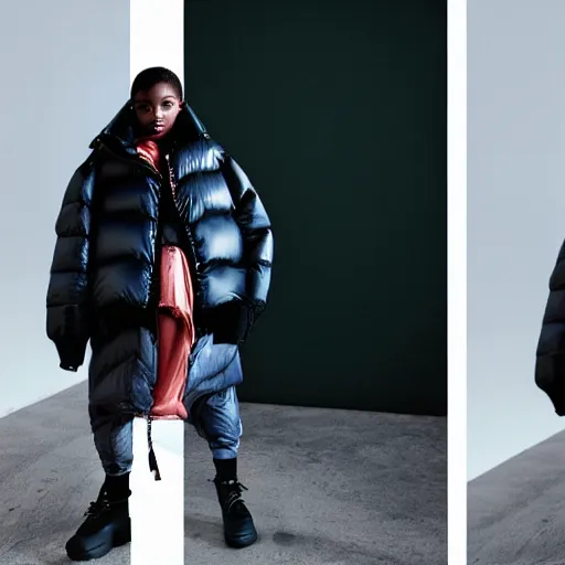 Image similar to realistic! photoshoot for a new balenciaga lookbook, color film photography, portrait of a beautiful woman wearing a puffer jacket, photo in style of tyler mitchell, fisheye lens