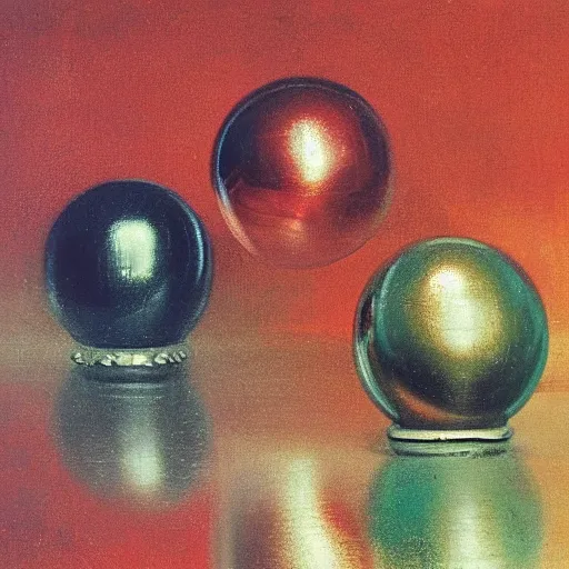 Prompt: chrome spheres on a red cube by j. m. w. turner