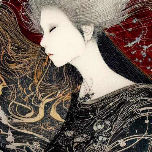 Image similar to yoshitaka amano blurred and dreamy realistic illustration of a japanese woman with black eyes, wavy white hair fluttering in the wind wearing elden ring armor with engraving, abstract patterns in the background, satoshi kon anime, noisy film grain effect, highly detailed, renaissance oil painting, weird portrait angle, blurred lost edges, three quarter view