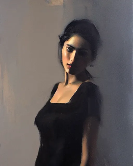 Image similar to beautiful portrait painting an gorgeous delhi girl wearing a little black dress, oil painting, art by ruan jia