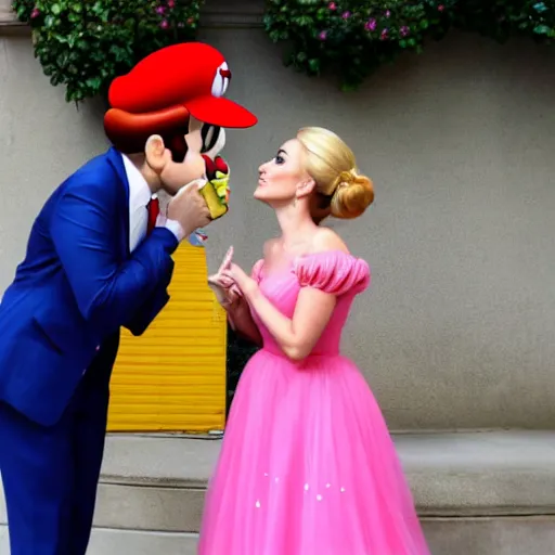 Prompt: a Real Life Mario kissing real a Life princess Peach