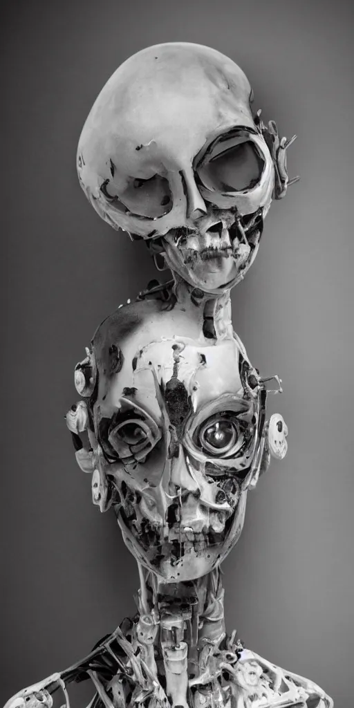 Image similar to black and white dreamy foggy smoky profile face portrait, single skeletal biomechanical beautiful young female cyclops - cyborg - robot bust, body ribs meshes,, volumetric light, rim light, by dora maar and cecile beaton, big gothic fashion pearl embroidered collar, 8 k