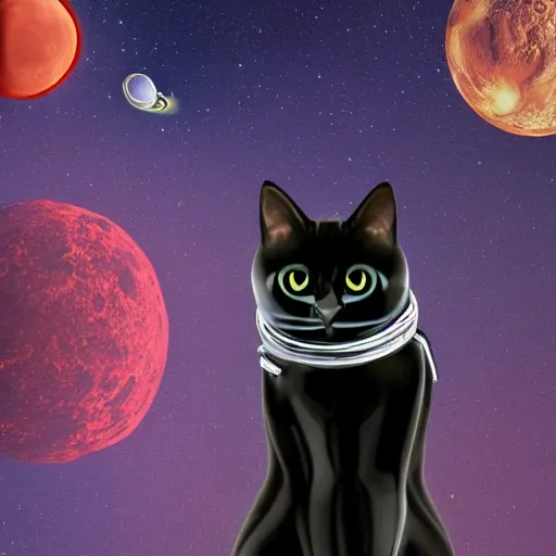 Prompt: black cat in a space suit in style of retro-futurism, 4k, hyper realistic,