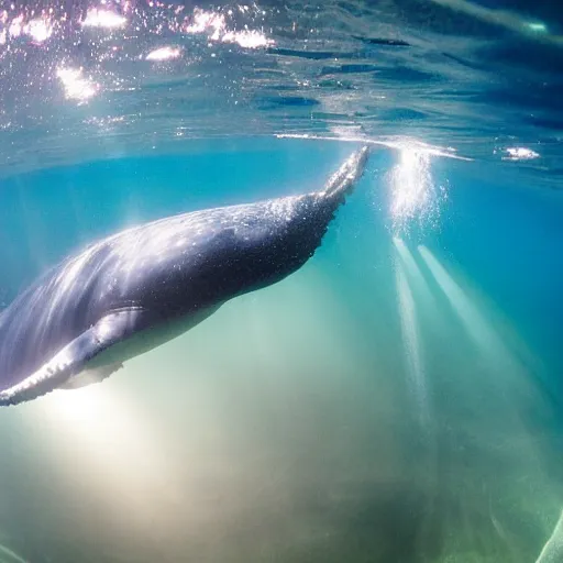Prompt: underwater ocean, 1 2 whales, pod, family, swimming to surface, calm, photograph, realistic, peaceful, light rays, beautiful, majestic, dapple, camera angle from below, distance,