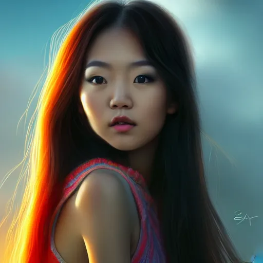 Image similar to a Photorealistic dramatic hyperrealistic bright eyes, Asian girl, beautiful hair, by Sam yang, samdoesart, Beautiful dynamic dramatic bright sunset lighting,shadows,cinematic atmosphere,Artstation,concept design art, digital painting, 8k