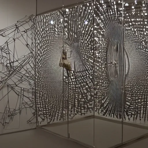 Prompt: lifelike by marcel duchamp, by takeshi obata raypunk, cubic zirconia. a variety of shapes & textures. the art installation is full of movement & energy, & the viewer can find new details with each look.