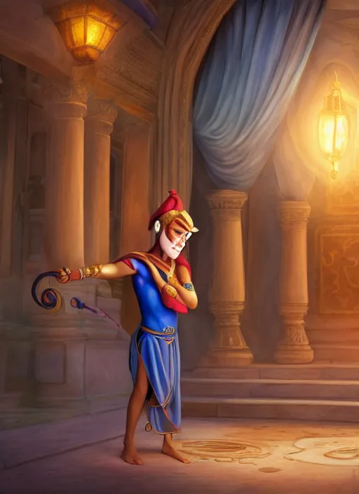 Prompt: genie coming out of his lamp in the middle of a palace . by AquaSixio, hyperrealistic illustration, digital art, 4k, very detailed faces