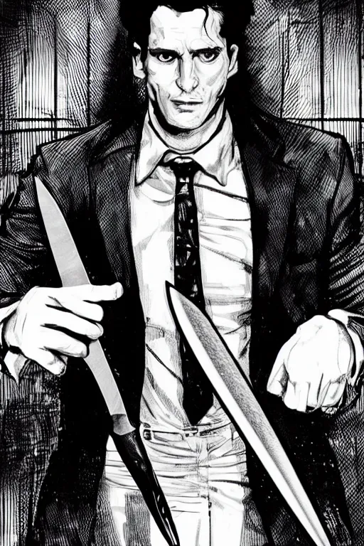 Image similar to black and white illustration of Patrick Bateman holding a big knife, neo noir style, Frank Miller creative design, body horror