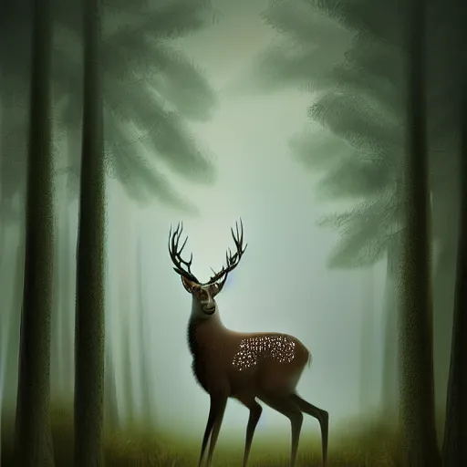 Image similar to electric big deer in misty forest, digital art, concept art, digital painting, trending on artstation, 4 k, high detail