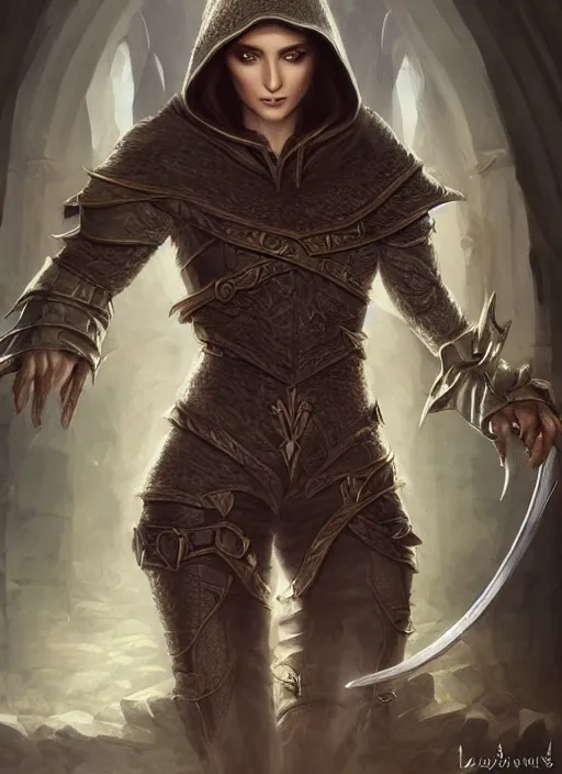 Prompt: a serious hooded half elf middle aged rogue, strong, full body, 8 k, hyperrealistic, dragon slayer, hyperdetailed, fantasy portrait by laura sava