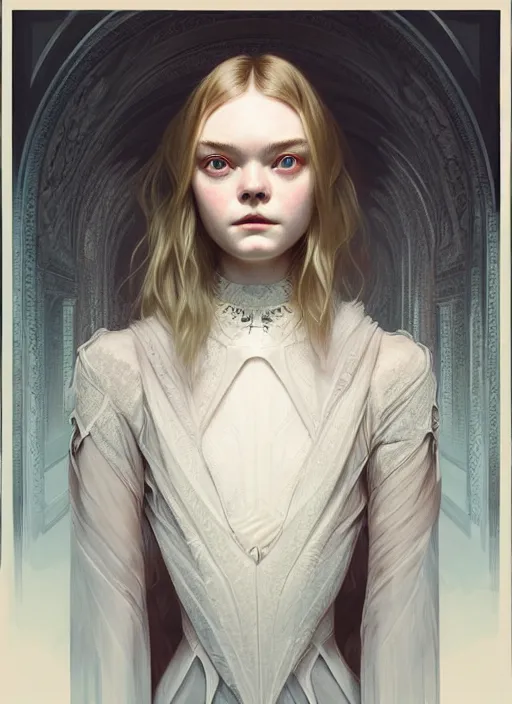 Image similar to symmetry!! portrait of elle fanning, astrid frisbey, horror, fashion, dark!! intricate, elegant, highly detailed, digital painting, artstation, concept art, smooth, sharp focus, illustration, art by artgerm and greg rutkowski and alphonse mucha