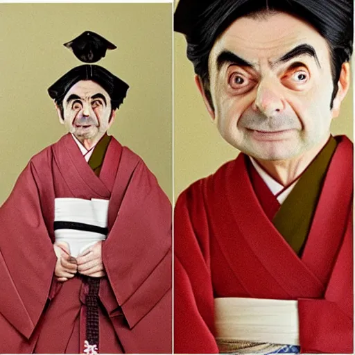 Image similar to mr bean dressed as a traditional japanese woman