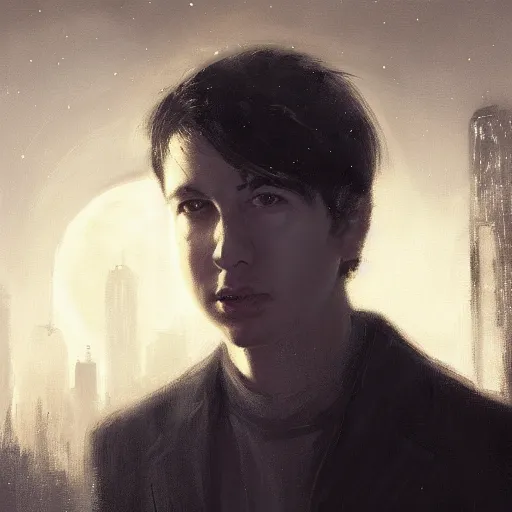 Prompt: closeup portrait of a young bill hicks, dramatic lighting, city background, night, moon, chiaroscuro, high detail, painted by greg rutkowski, painted by igor kieryluk, painted by bobby chiu, trending on artstation