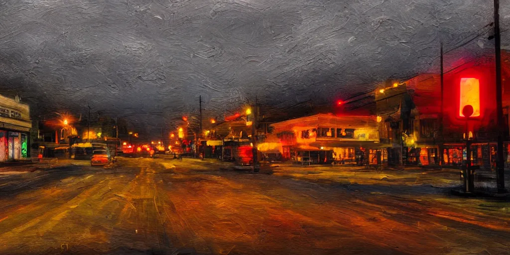 Prompt: painterly, messy, ominous landscape of north bend, washington main street, dark, lonely stop light glowing, twin peaks, lone dark figure