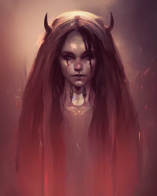 Prompt: a demon girl, flawless symmetrical pretty face, greg rutkowski, 8 k, shallow depth of field, intricate detail, concept art,