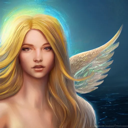 Image similar to Winged mermaid angel with blonde hair and glowing halo, iridescent, seraphim, fantasy, intricate, elegant, highly detailed, digital painting, artstation, concept art, smooth, sharp focus -ar 16:9