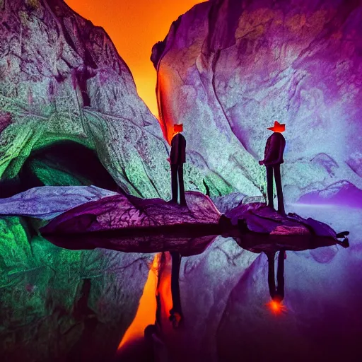 Prompt: unsplash contest winning photo, a giant crowd of realistic shiny reflective chrome men, inside a colorful dramatic unique rocky western landscape, low fog, giant neon light