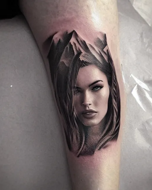 Image similar to artistic double exposure effect tattoo design sketch of megan fox with beautiful mountains, realism tattoo, in the style of andrey lukovnikov, amazing detail, sharp