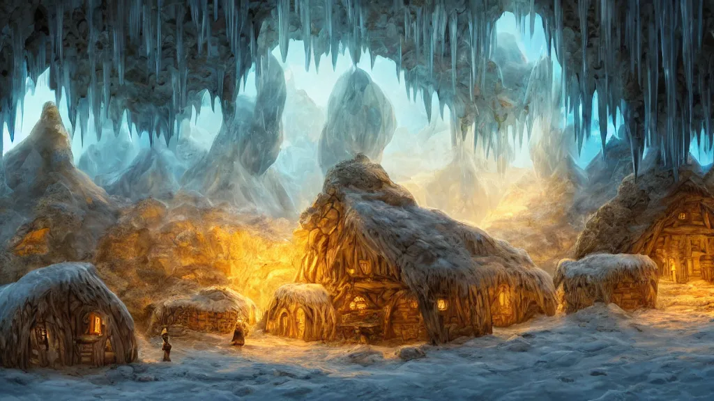 Image similar to an underground village in an ice cave with straw hut houses with a golden cave off to the left, painting, fantasy, dreamy lighting, detailed, intricate, high fantasy, 4 k