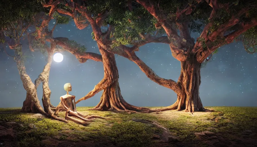 Image similar to very very small mannequin robot, sitting on a gigantic banyan tree in moonlit socotra island by ilya kuvshinov, starry night, rtx rendering, octane render 1 2 8 k, maya, extreme high intricate details by tom bagshaw, medium shot, close up shot, composition by sana takeda, lighting by greg rutkowski