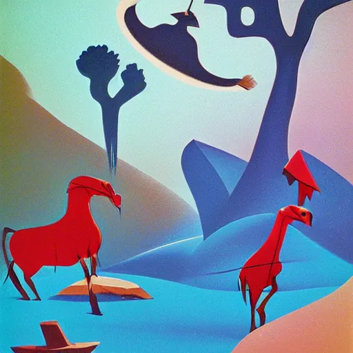 Image similar to eyvind earle desert creatures game