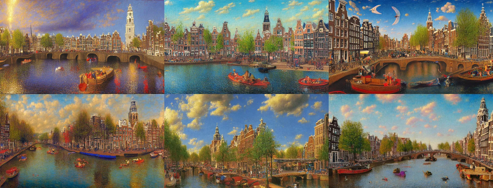 Prompt: a photorealistic detailed cinematic image of amsterdam designed by jules bastien - lepage, tarsila do amaral, spiritual science, divinity sparkles and colorful lines, utopian, mediterranean, wildlife preservation, waterfall, by tim white, david a. hardy, kinkade, lisa frank, wpa, public works mural